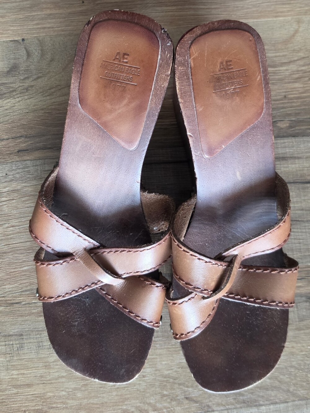 AE (American Eagle) Brown Leather Slide Wedges